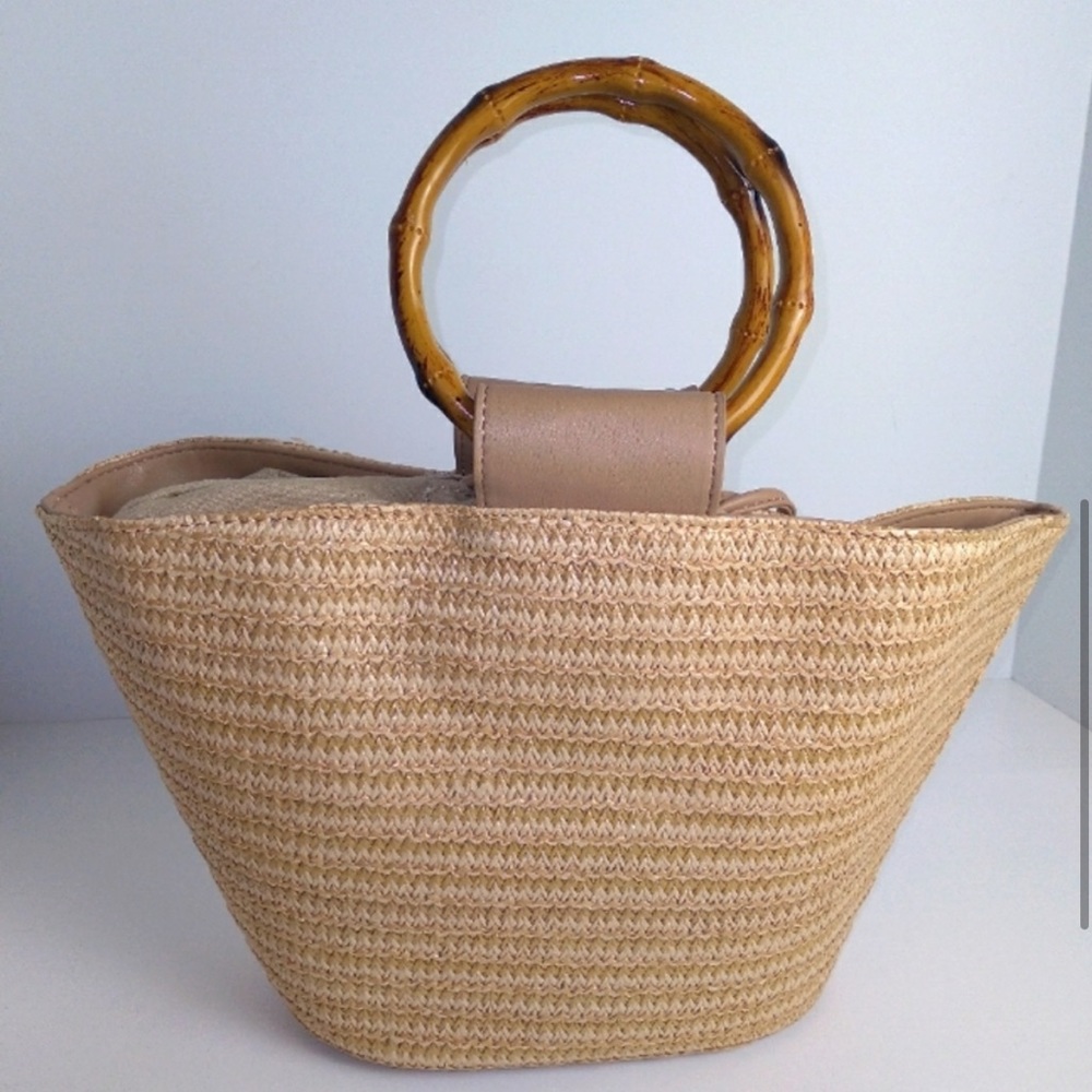 Bamboo Straw Purse with Round Handles Beach Vacation Tote Bag by Kendall & Kylie